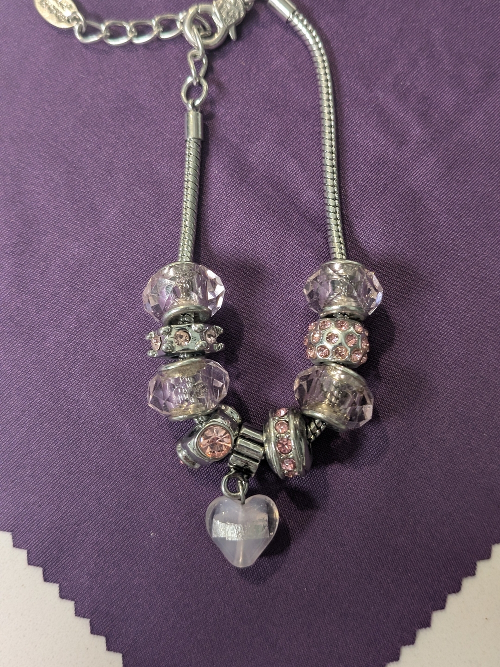 Silver-Tone Bracelet with Pink Crystal Beads and Heart Charm